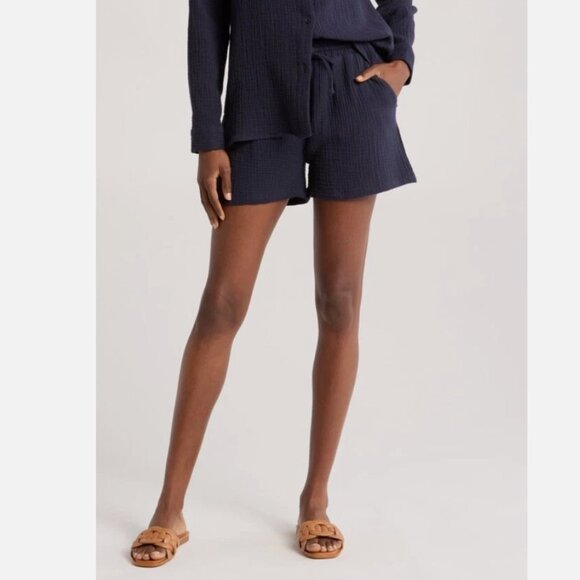 Nordstrom Navy Blue Double Gauze Shorts 100% Cotton Lightweight Size L Cover up - Picture 1 of 8